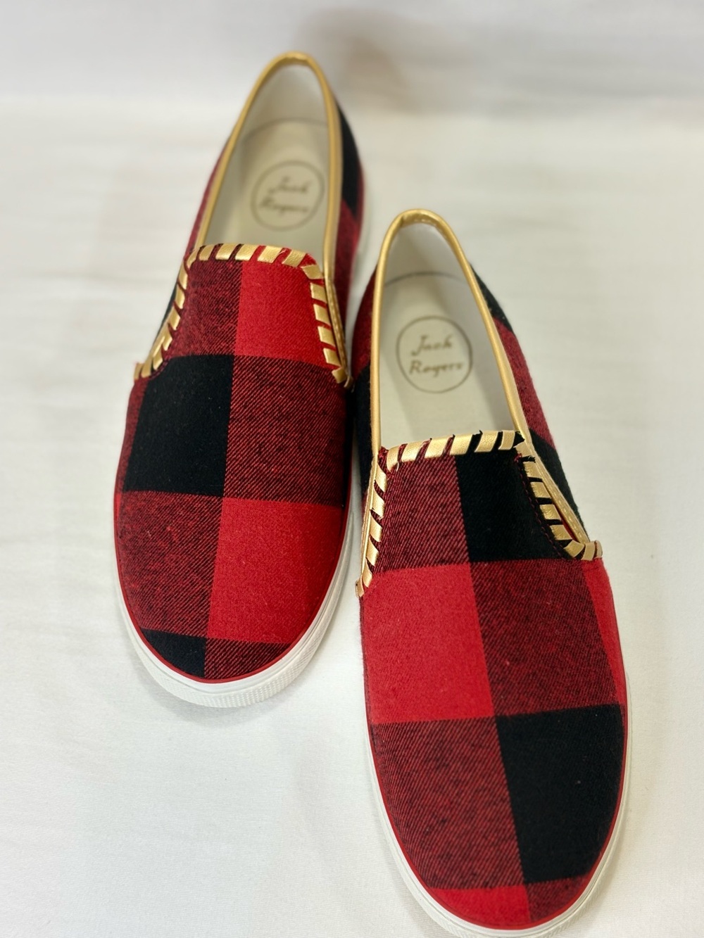 NWOB Jack Rogers BRYNNE Red Black Plaid Slip-On Sneakers Gold Trim SZ 8 $138